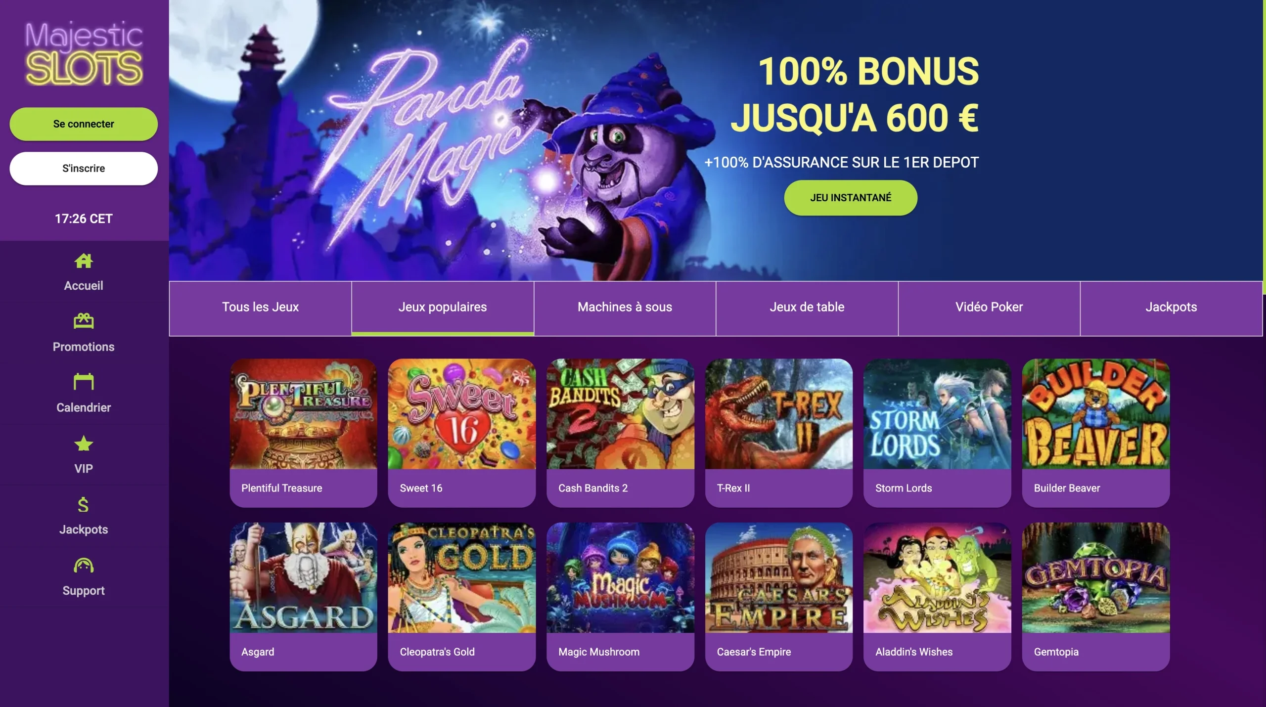 page d'accueil en fran&ccedil;ais du casino en ligne Majestic Slots