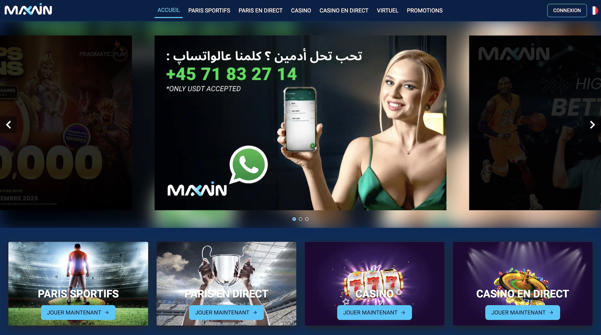 Page d&rsquo;accueil de Maxwin Casino en fran&ccedil;ais avec banni&egrave;re WhatsApp, bouton connexion et acc&egrave;s Paris sportifs, Casino et Casino en direct