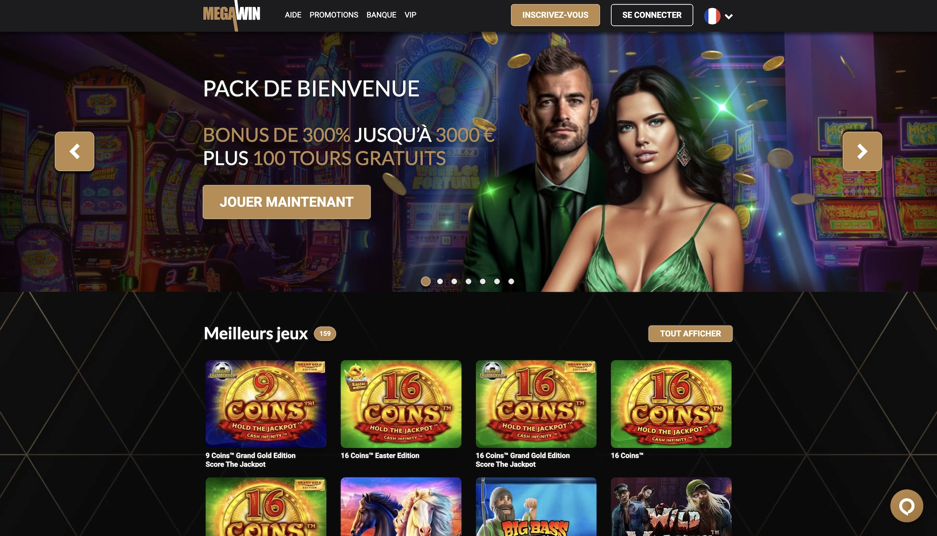 Page d&rsquo;accueil en fran&ccedil;ais de Megawin Casino avec le pack de bienvenue et la grille des meilleurs jeux