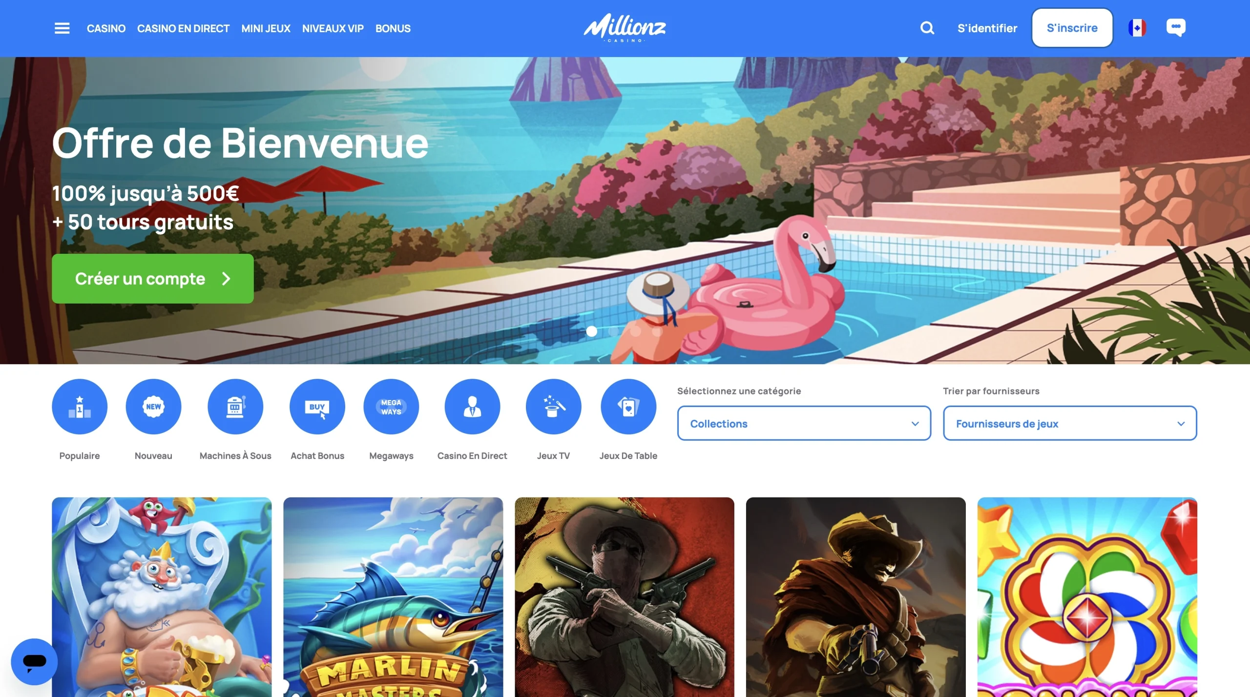 page d'accueil en fran&ccedil;ais de Millionz Casino