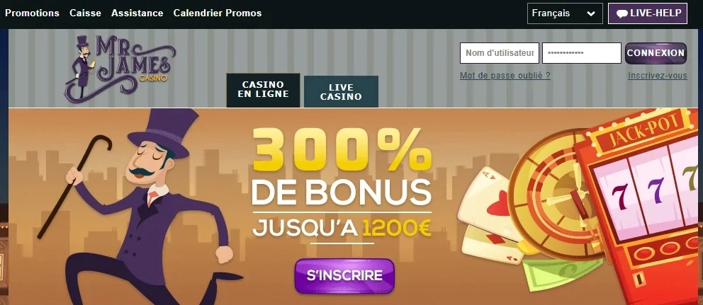page d'accueil en fran&ccedil;ais du site de jeux en ligne Mr James Casino avec le bonus de bienvenue