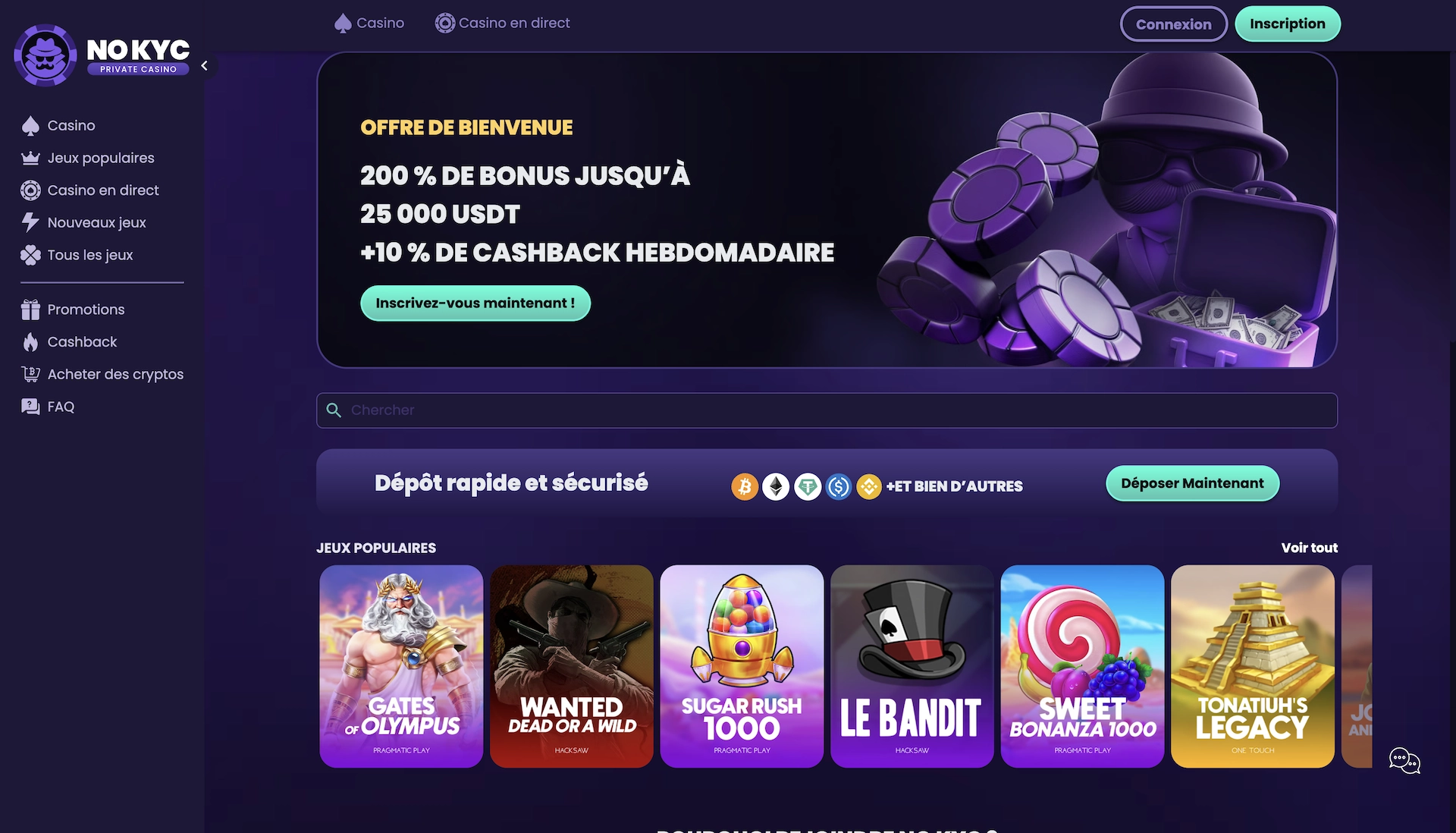 Page d&rsquo;accueil de No KYC Casino en fran&ccedil;ais