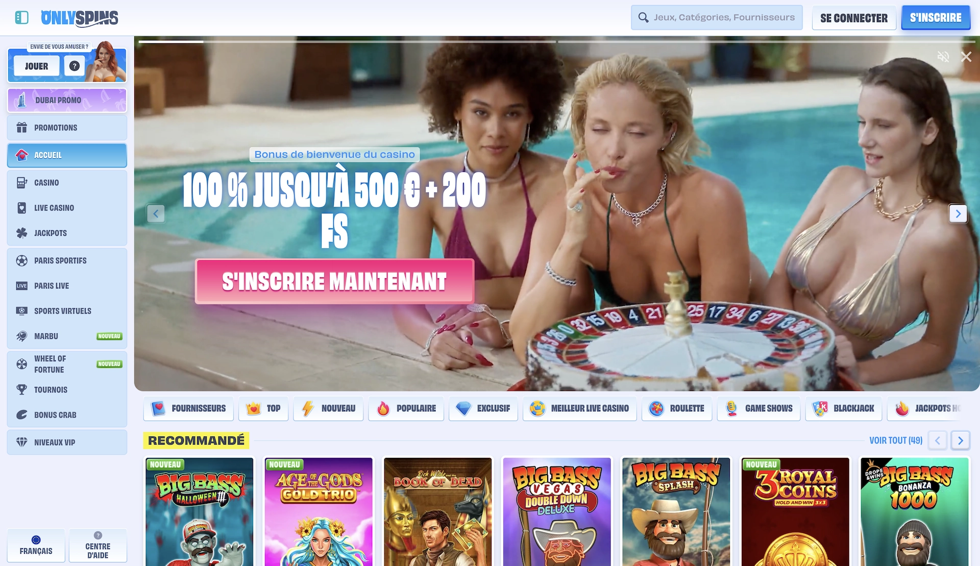 Page d&rsquo;accueil en fran&ccedil;ais de OnlySpins Casino avec menu lat&eacute;ral, banni&egrave;re bonus et jeux recommand&eacute;s
