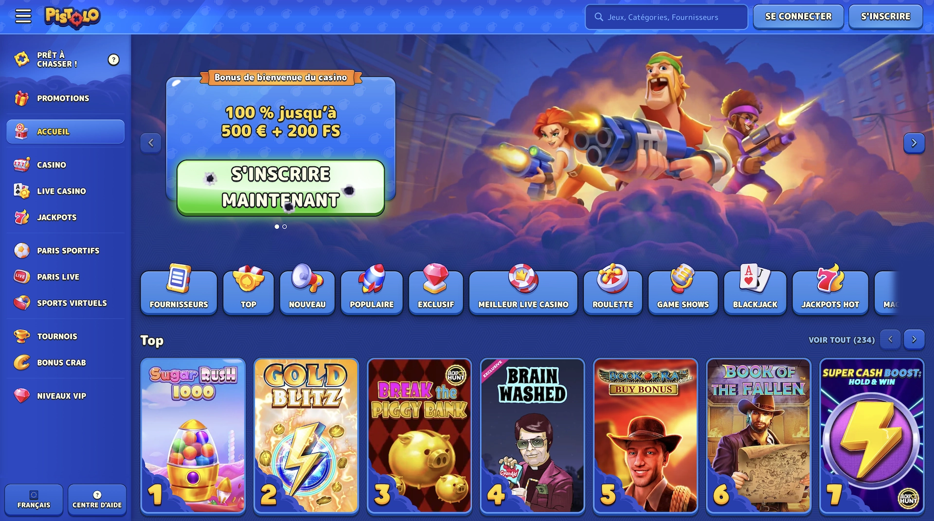 page d'accueil en fran&ccedil;ais de Pistolo Casino