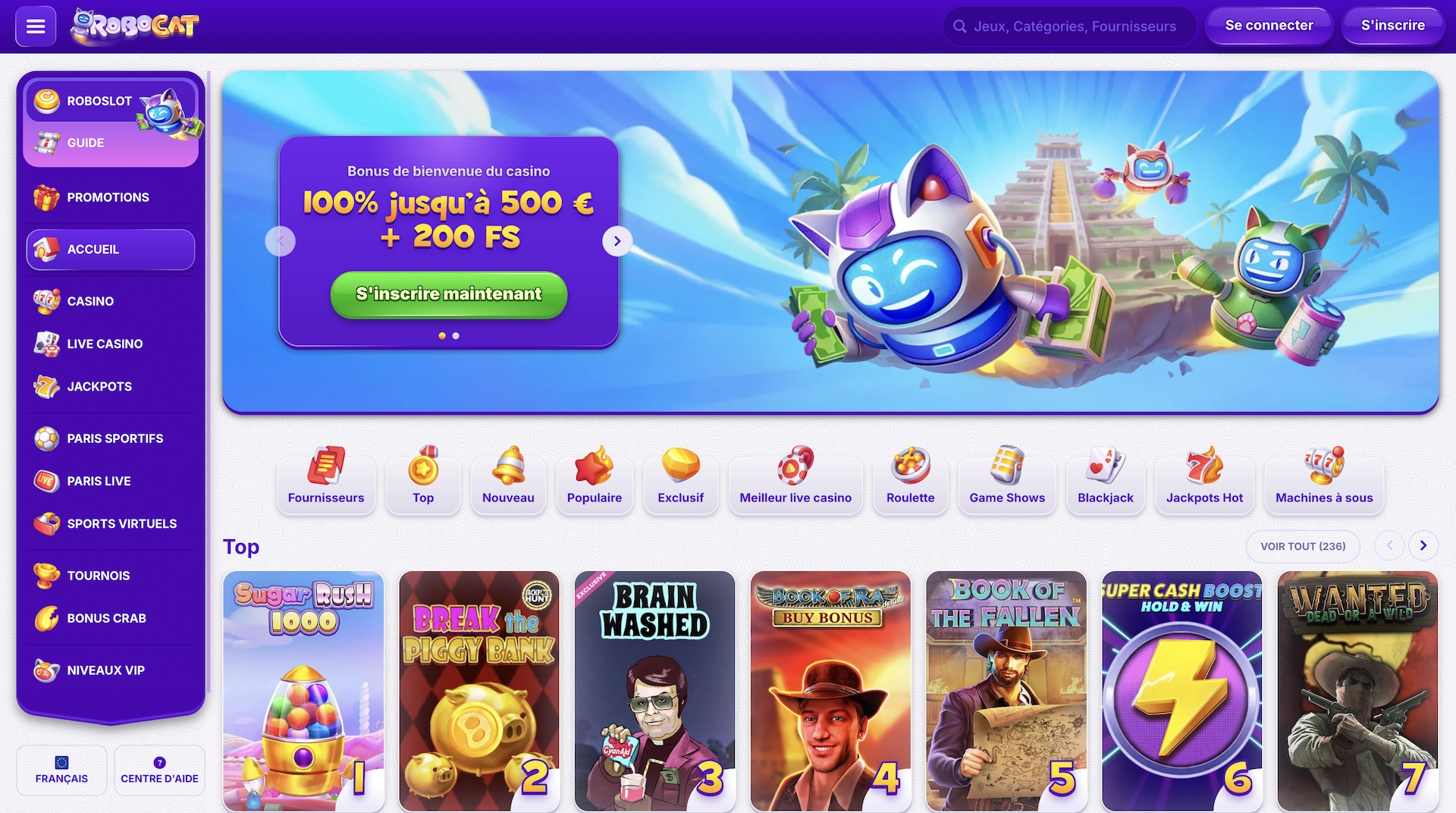 page d'accueil en fran&ccedil;ais du casino en ligne Robocat avec son bonus de bienvenue mis en avant et les top jeux du site