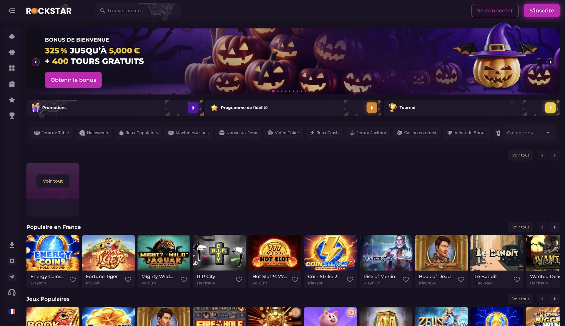 Page d&rsquo;accueil en fran&ccedil;ais de Rockstar Casino affichant le bonus de bienvenue et les jeux populaires