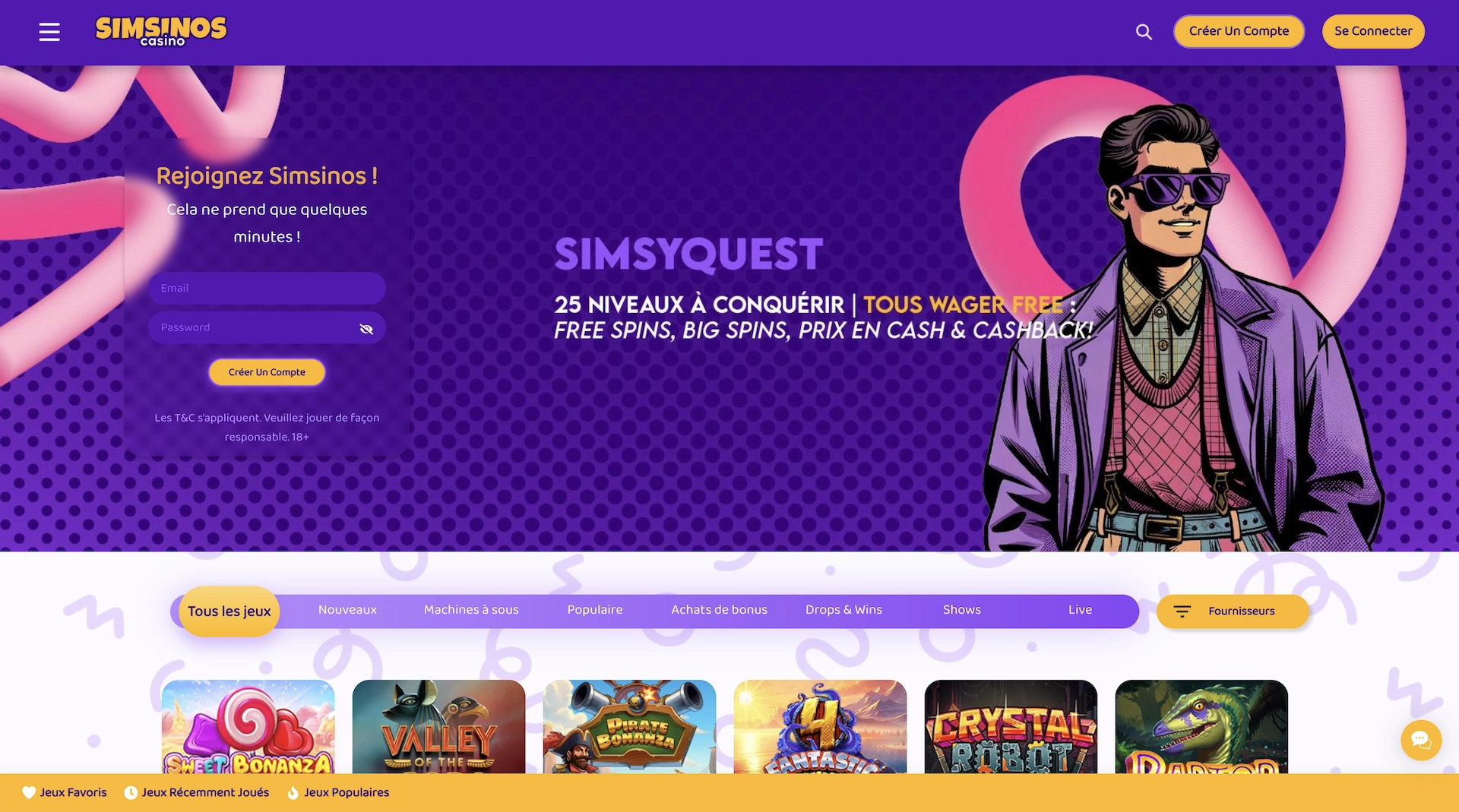 page d'accueil en fran&ccedil;ais du casino en ligne Simsinos avec l'offre simsyquest et les jeux populaires du site