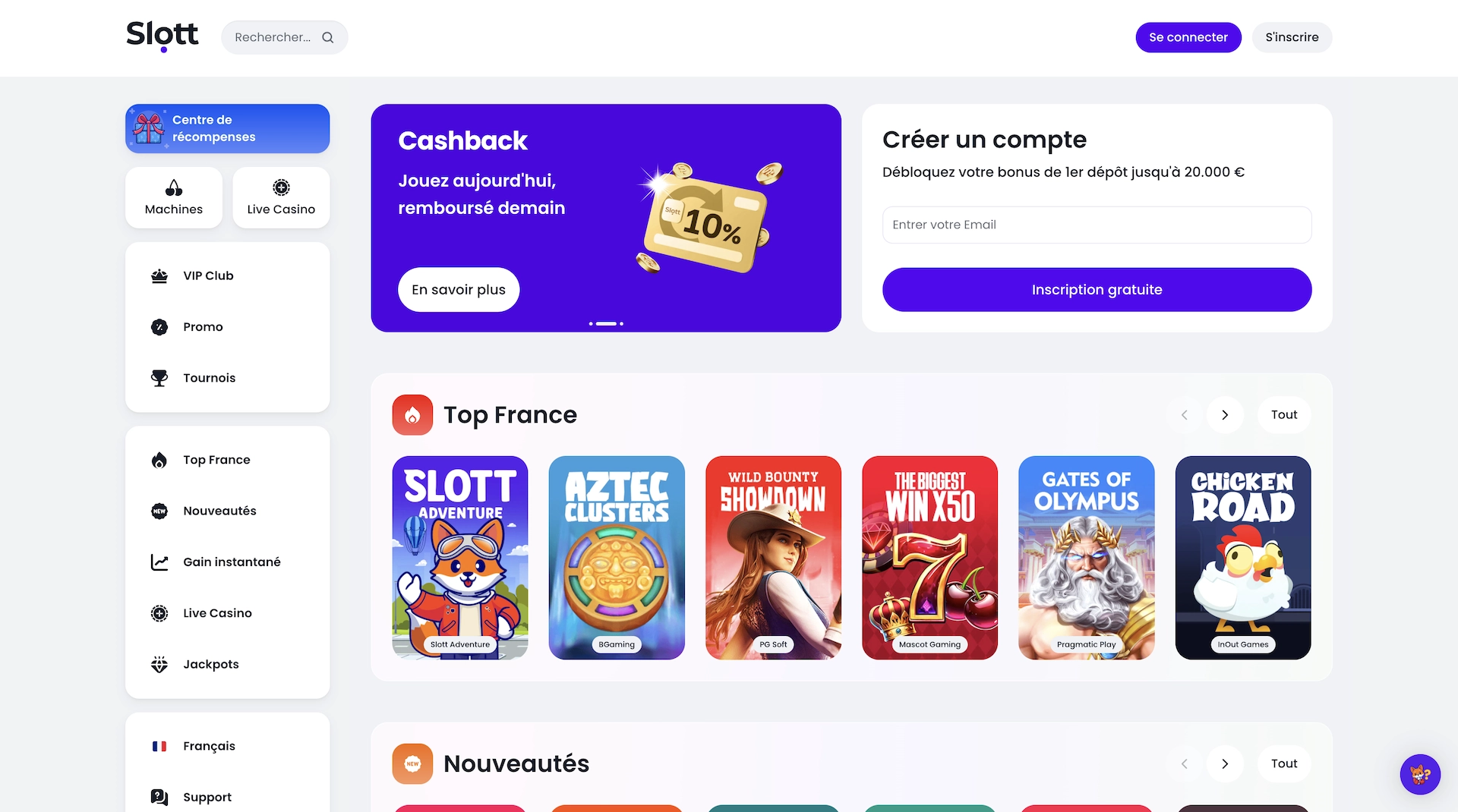 page accueil en francais de Slott Casino