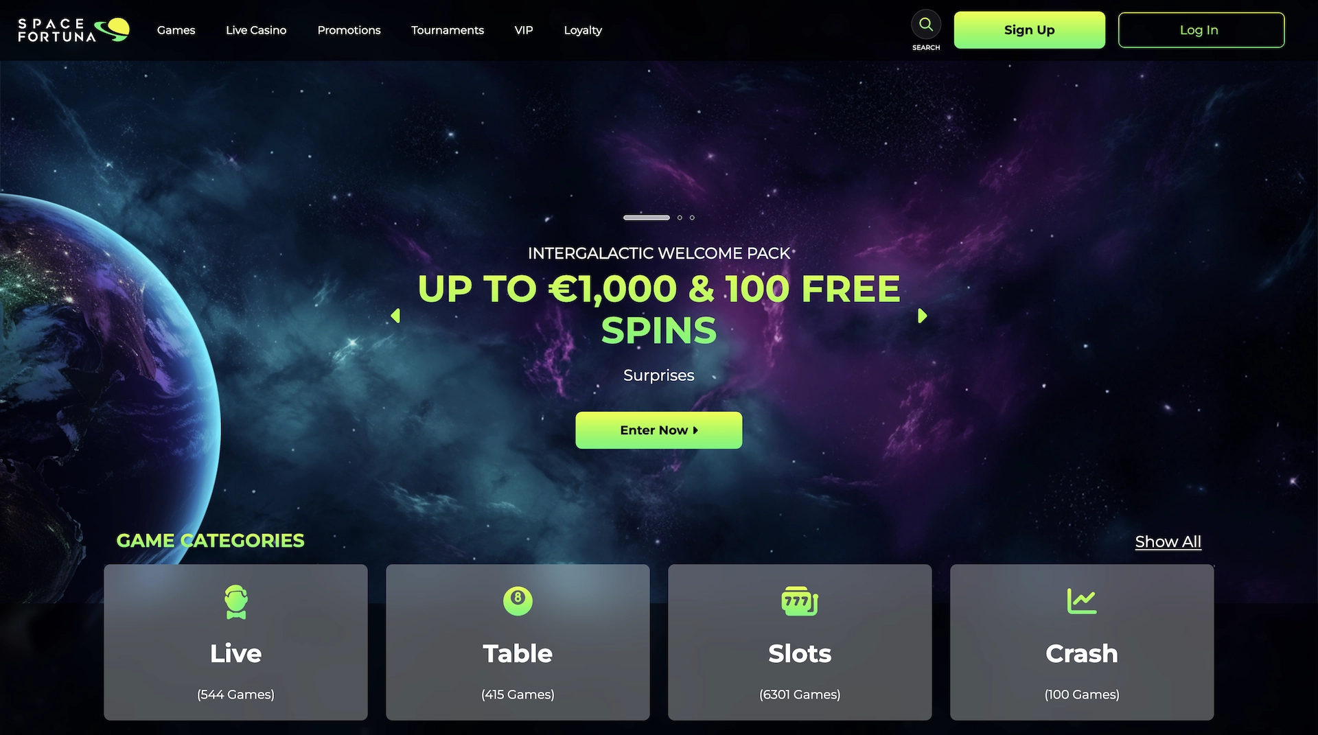 page d'accueil du casino en ligne Space Fortuna depuis la France avec le bonus de bienvenue de 1000 euros et 100 free spins