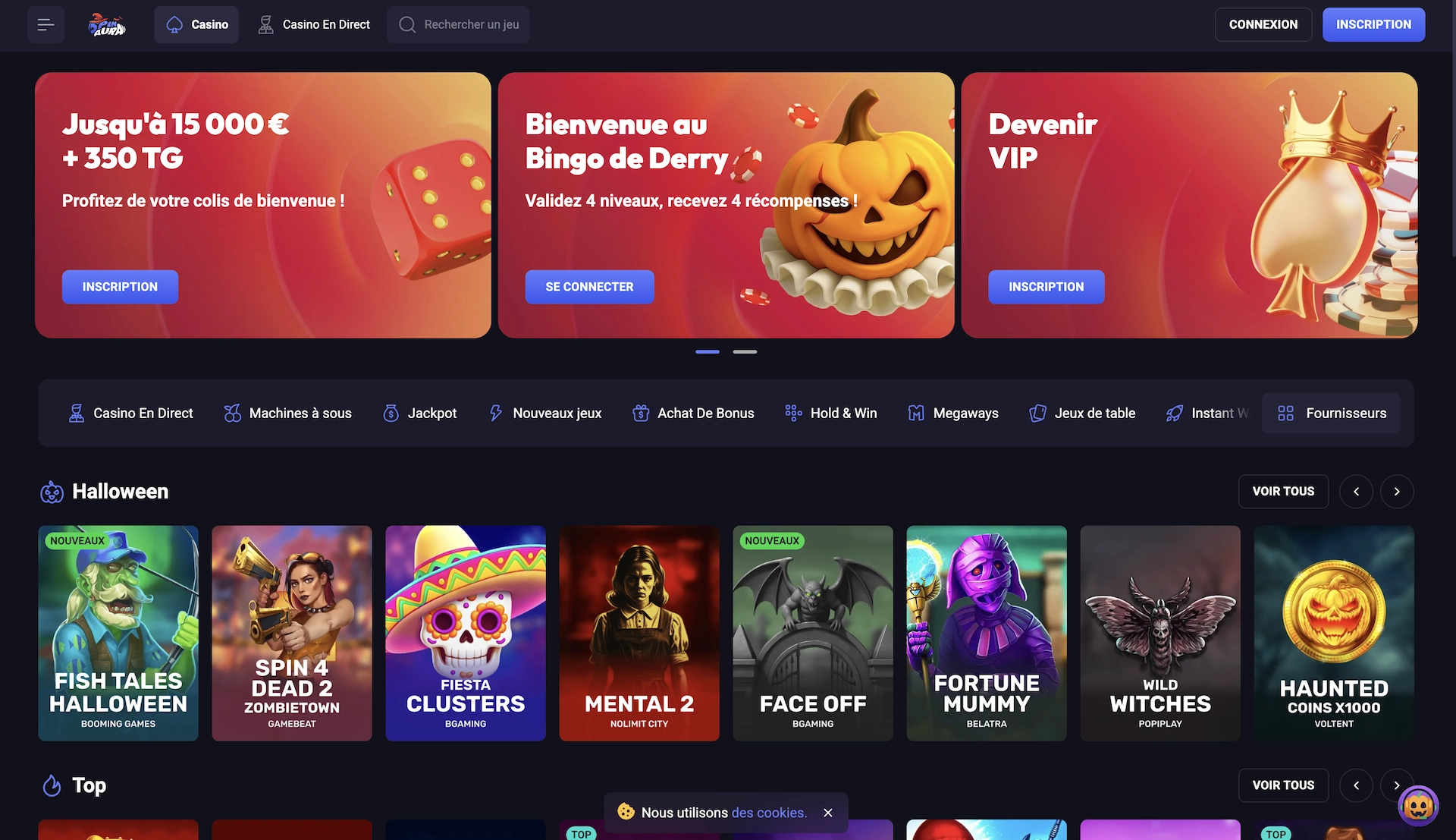 Page d&rsquo;accueil de Spin Aura Casino avec les banni&egrave;res du bonus de bienvenue, du bingo de Derry et du programme VIP