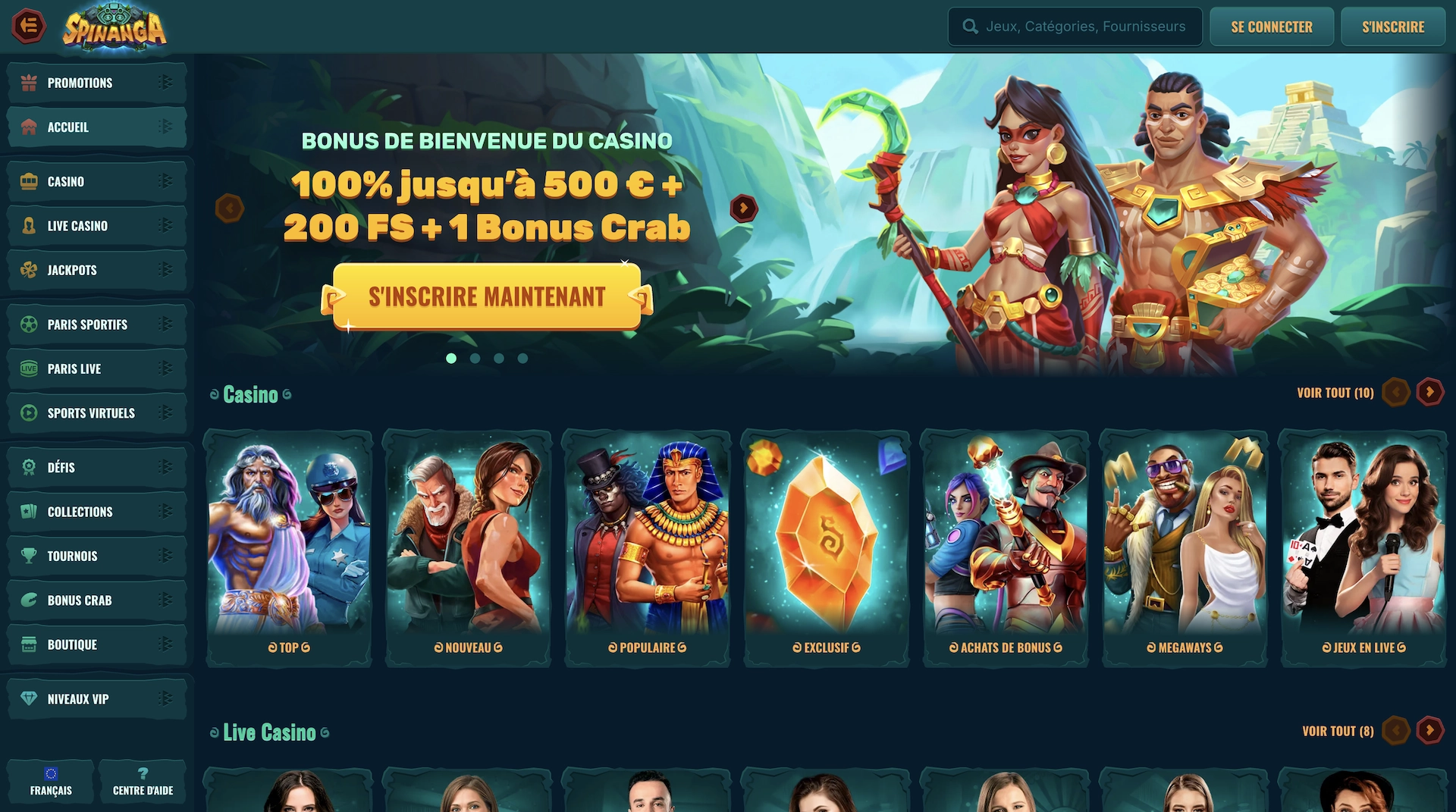 page d'accueil en français de Spinanga Casino