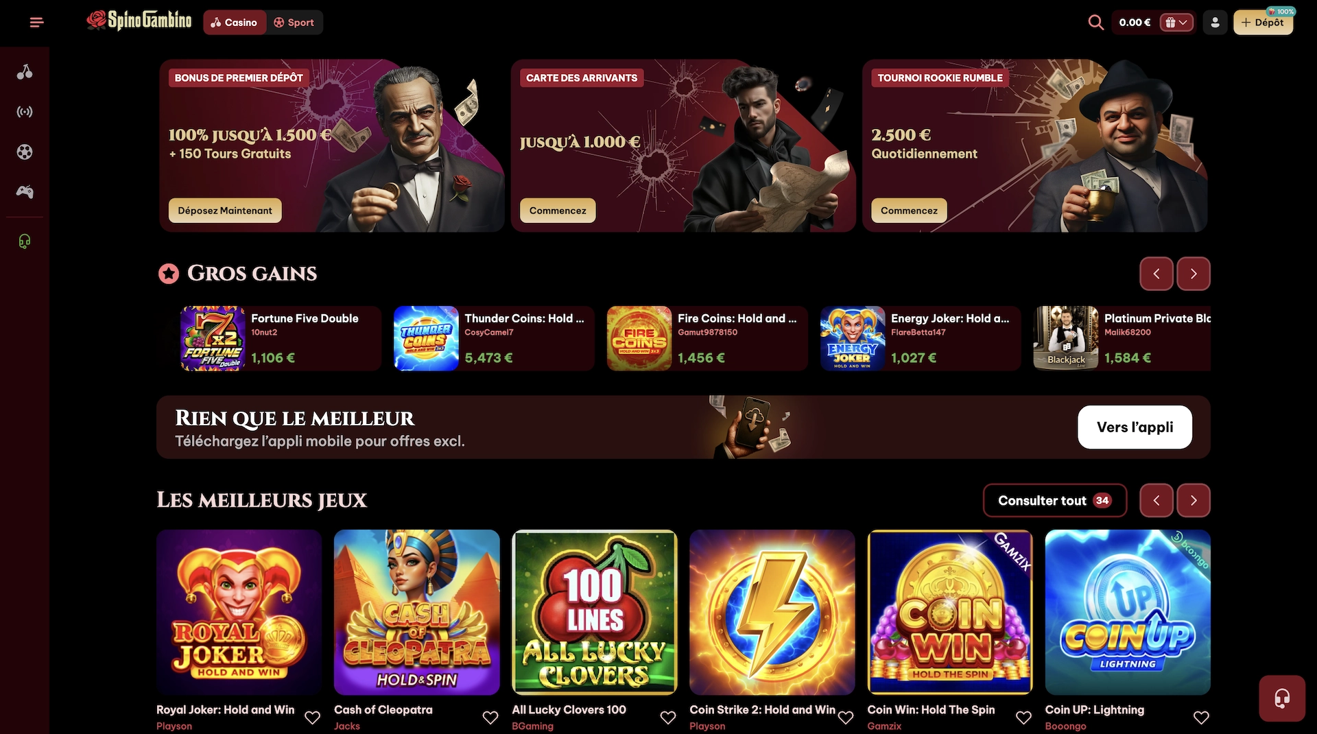 page d'accueil en français du casino en ligne Spinogambino