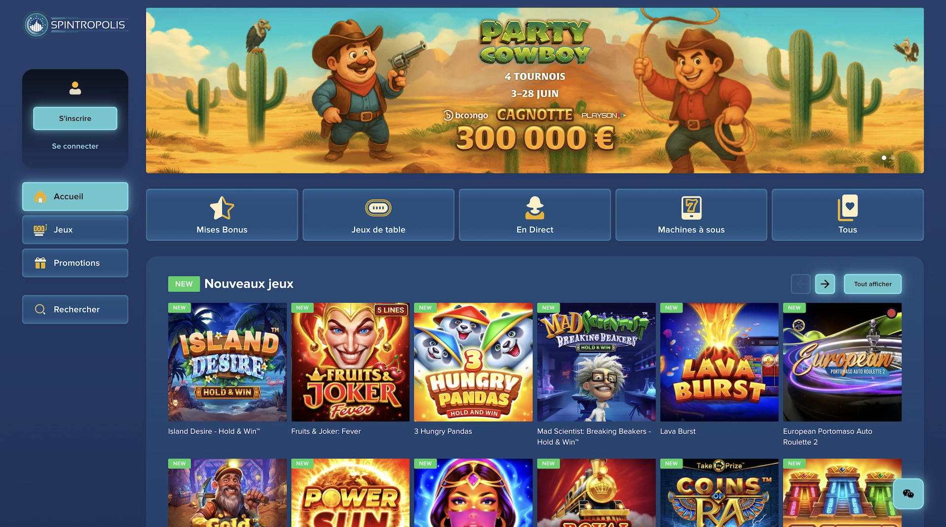 page d'accueil en fran&ccedil;ais du casino en ligne Spintropolis avec une cagnote de 300 000 euros et les nouveaux jeux du site