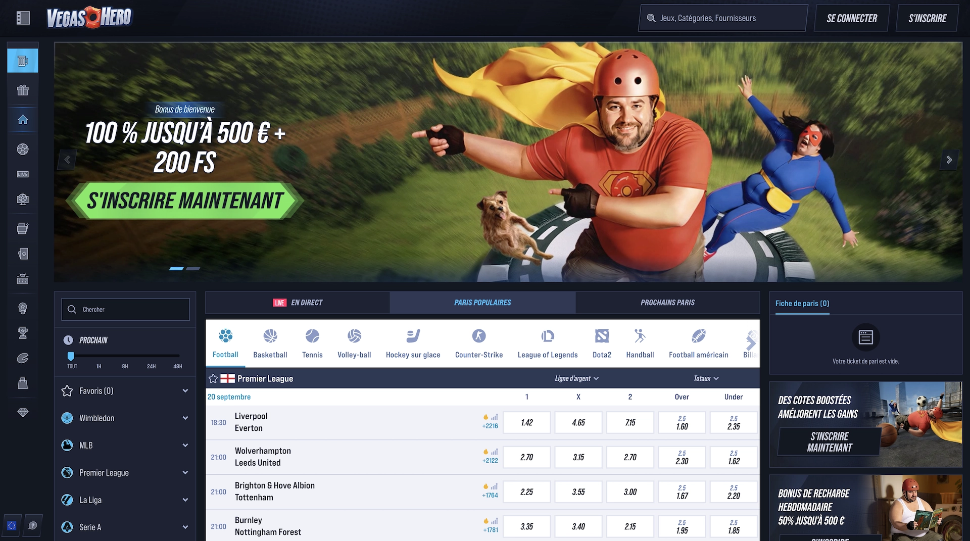 Page d&rsquo;accueil en fran&ccedil;ais de Vegashero Casino montrant la banni&egrave;re bonus de bienvenue 100 % jusqu&rsquo;&agrave; 500 &euro; + 200 free spins et l&rsquo;interface des paris sportifs.