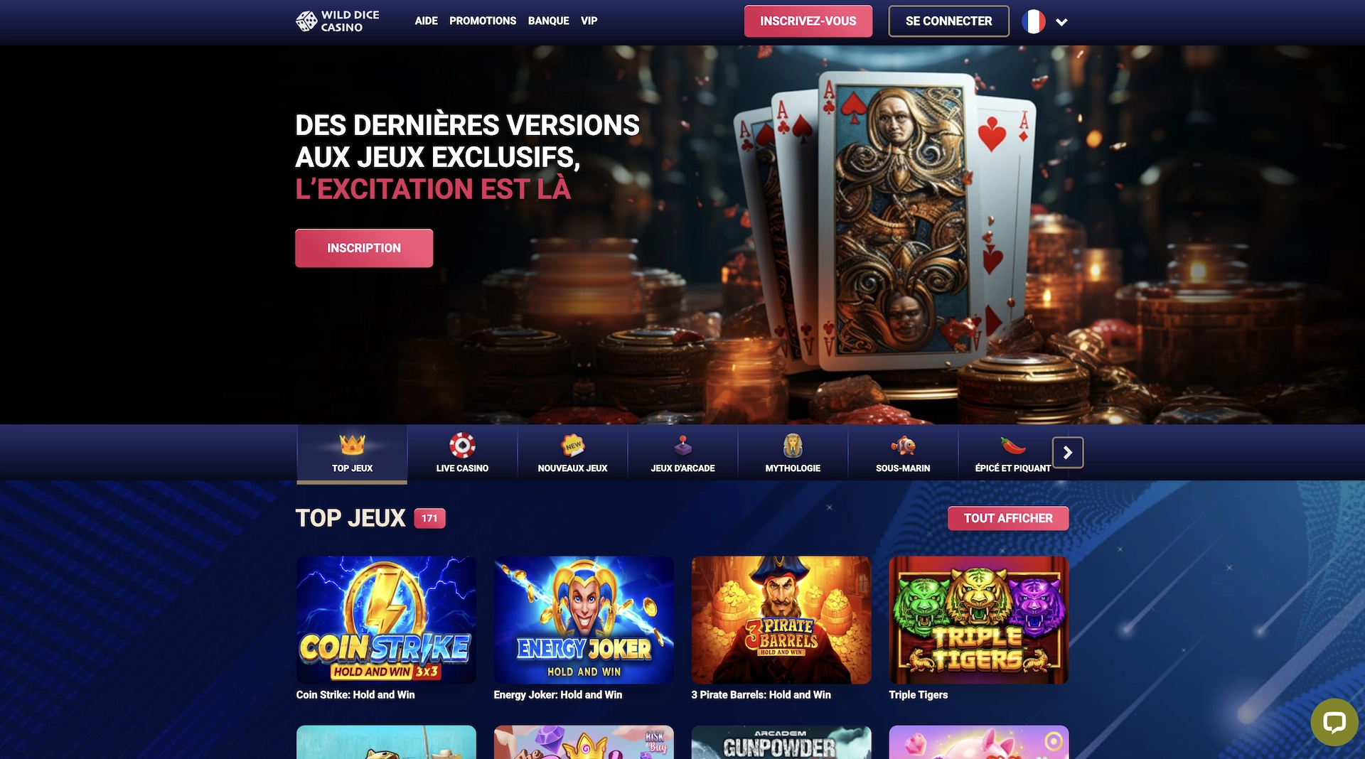 page d'accueil en fran&ccedil;ais de Wild Dice Casino