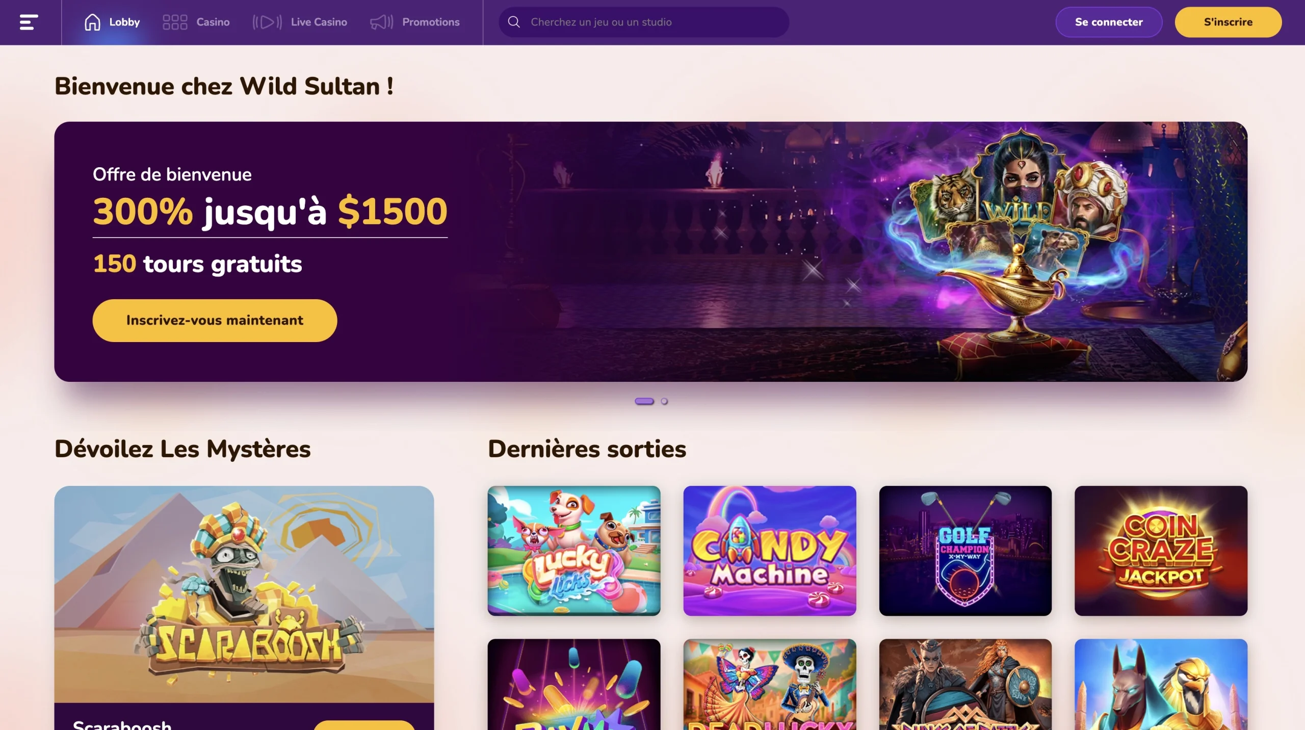 page d'accueil en fran&ccedil;ais du casino en ligne Wild Sultan