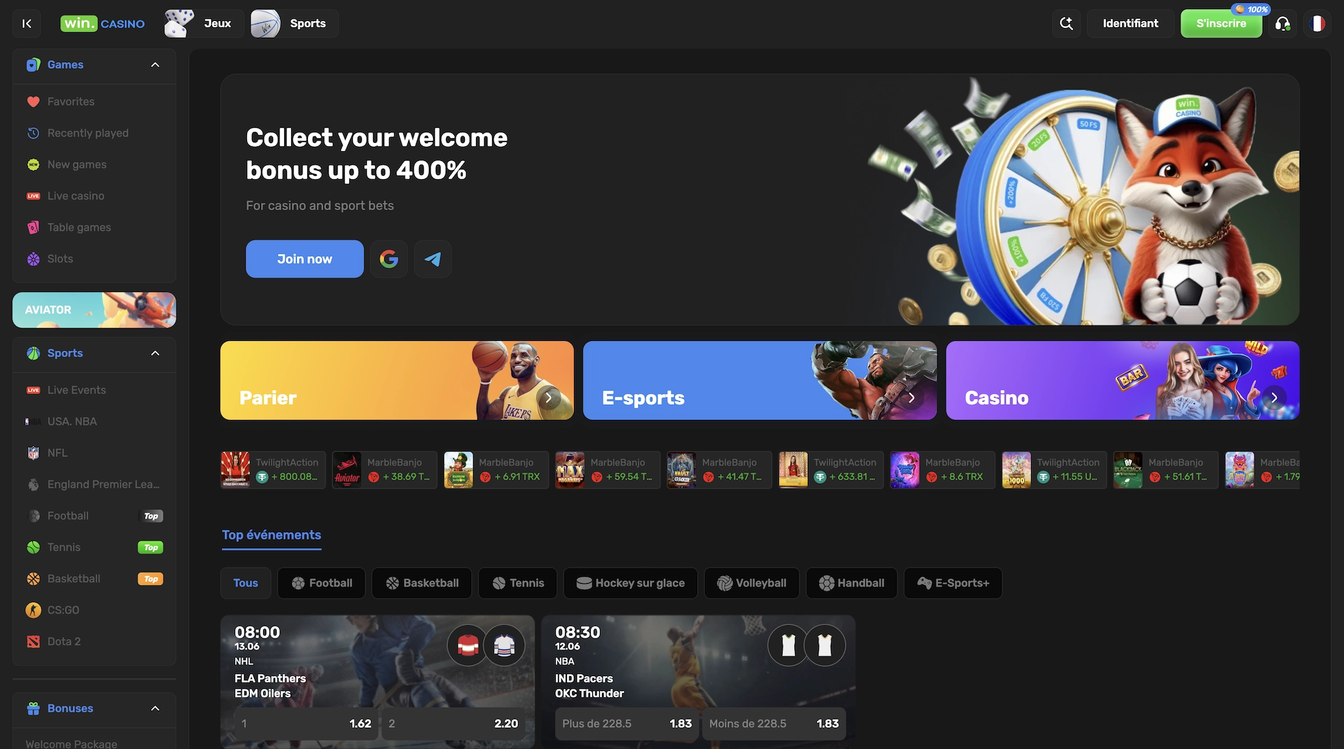 page d'accueil en fran&ccedil;ais du casino en ligne Win.Casino