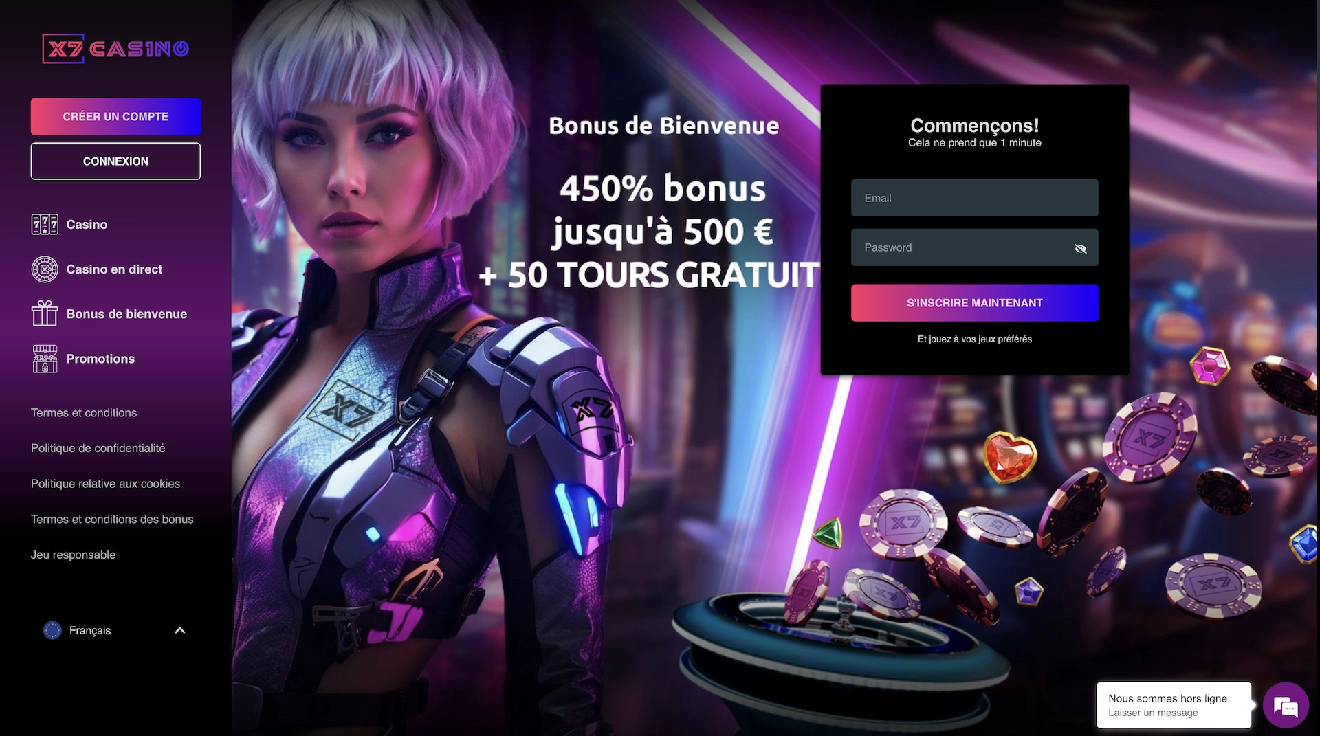 page d'accueil en français du casino en ligne X7 casino avec le bonus de bienvenue et le formulaire d'inscription