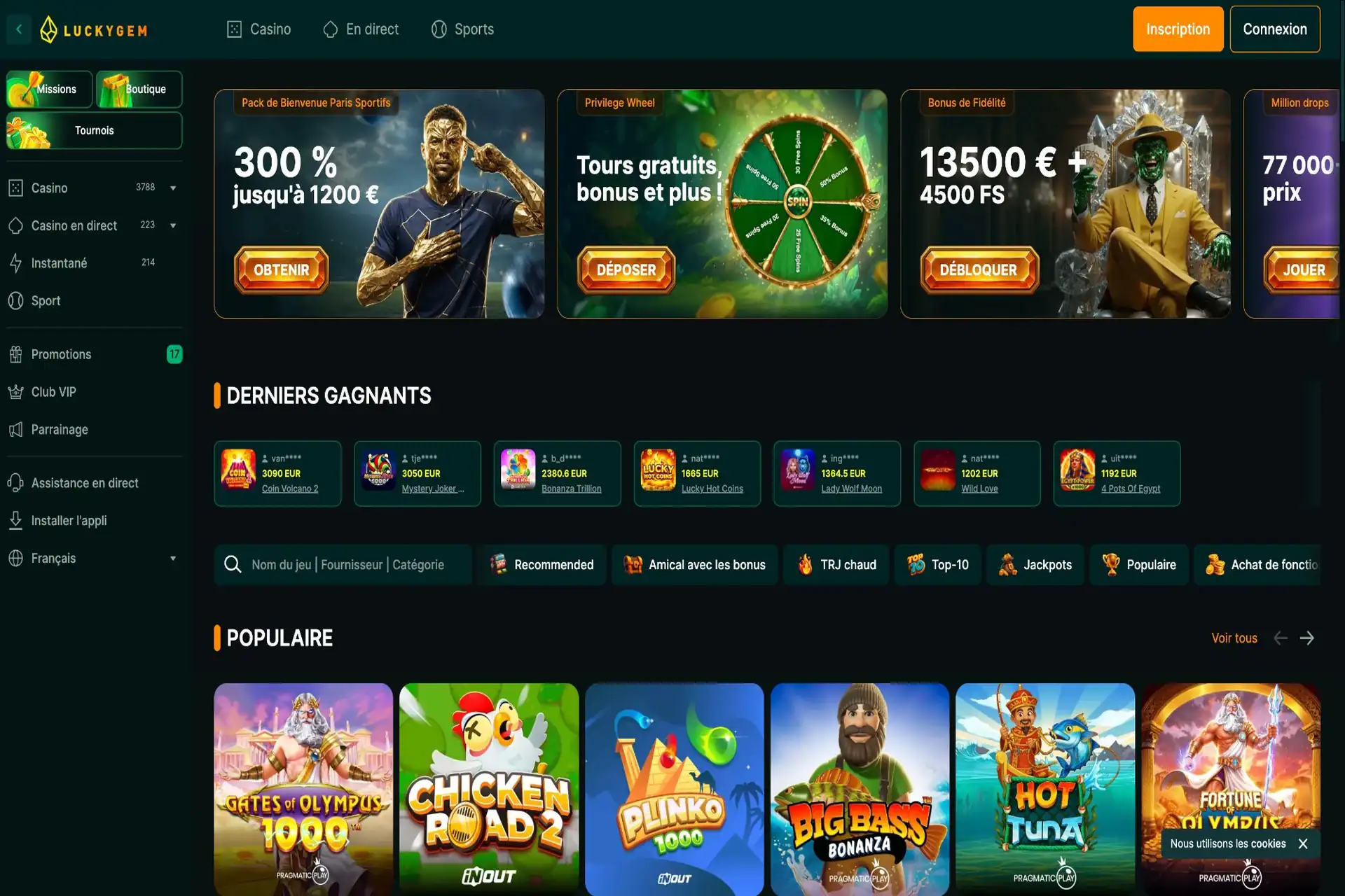 Page d'accueil de Luckygem Casino avec le pack de bienvenue et les jeux populaires.