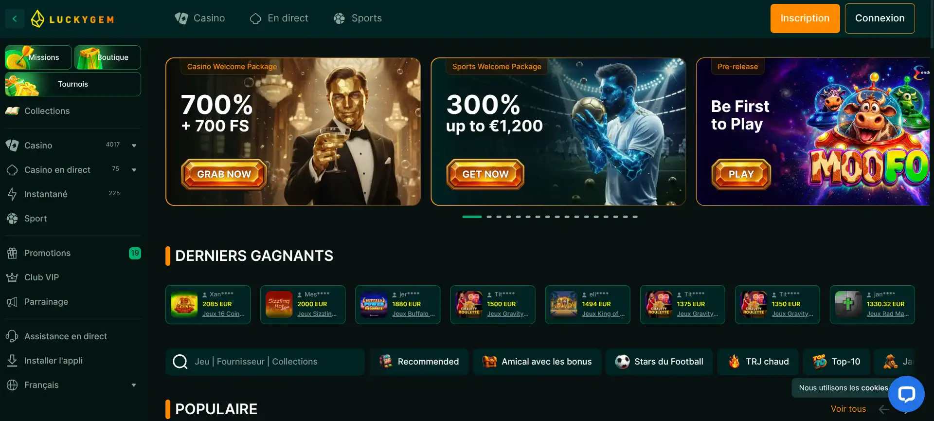 Page d'accueil de Luckygem Casino avec le pack de bienvenue casino de 700 % et 700 tours gratuits et le pack paris sportifs.