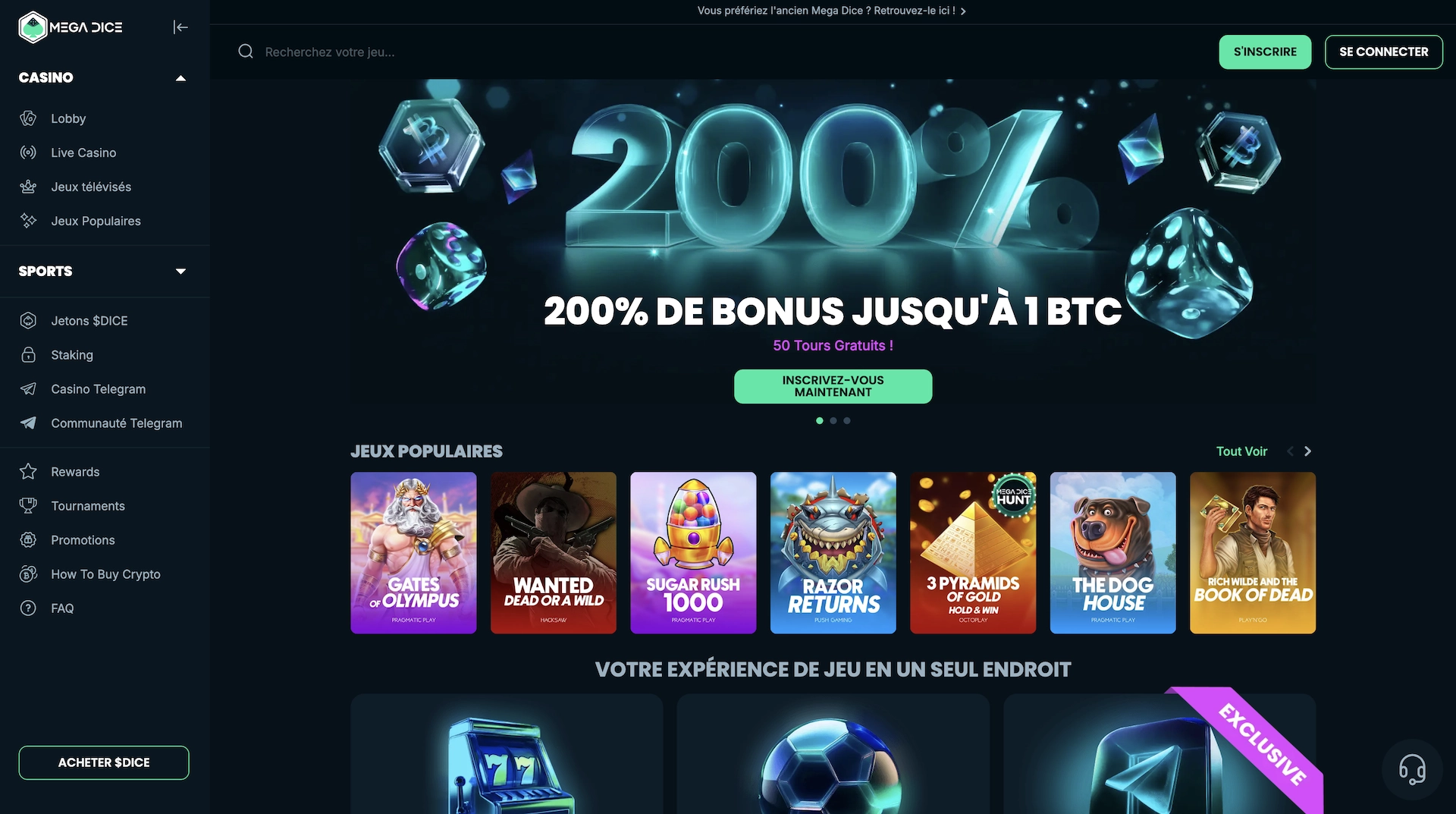 Page d'accueil du casino Mega Dice