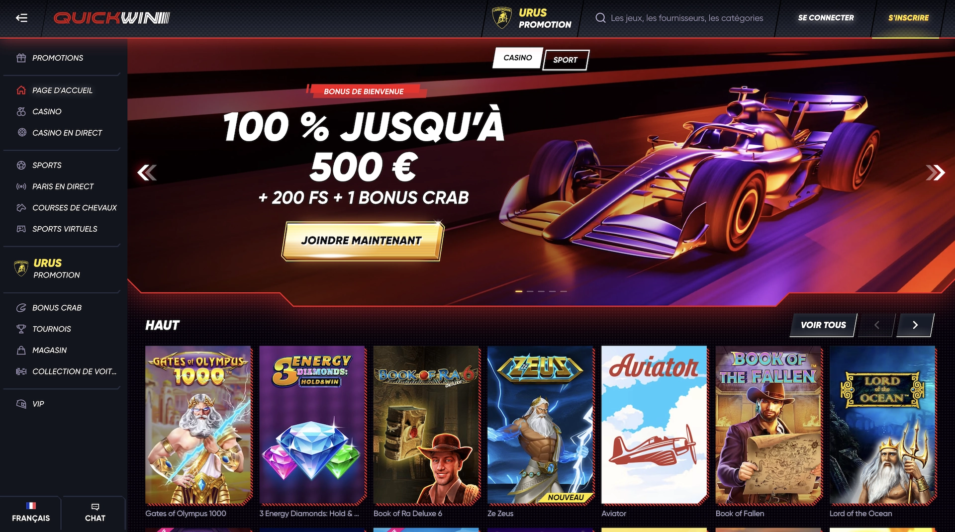 Page d&rsquo;accueil Quickwin Casino en fran&ccedil;ais avec bonus de 100 % jusqu&rsquo;&agrave; 500 &euro; et jeux populaires