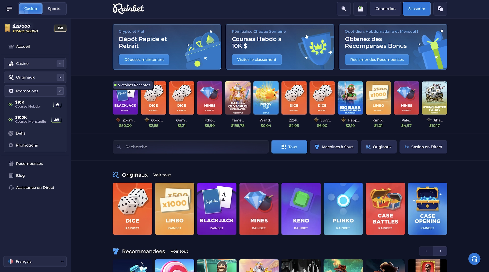 page d'accueil du casino en ligne Rainbet