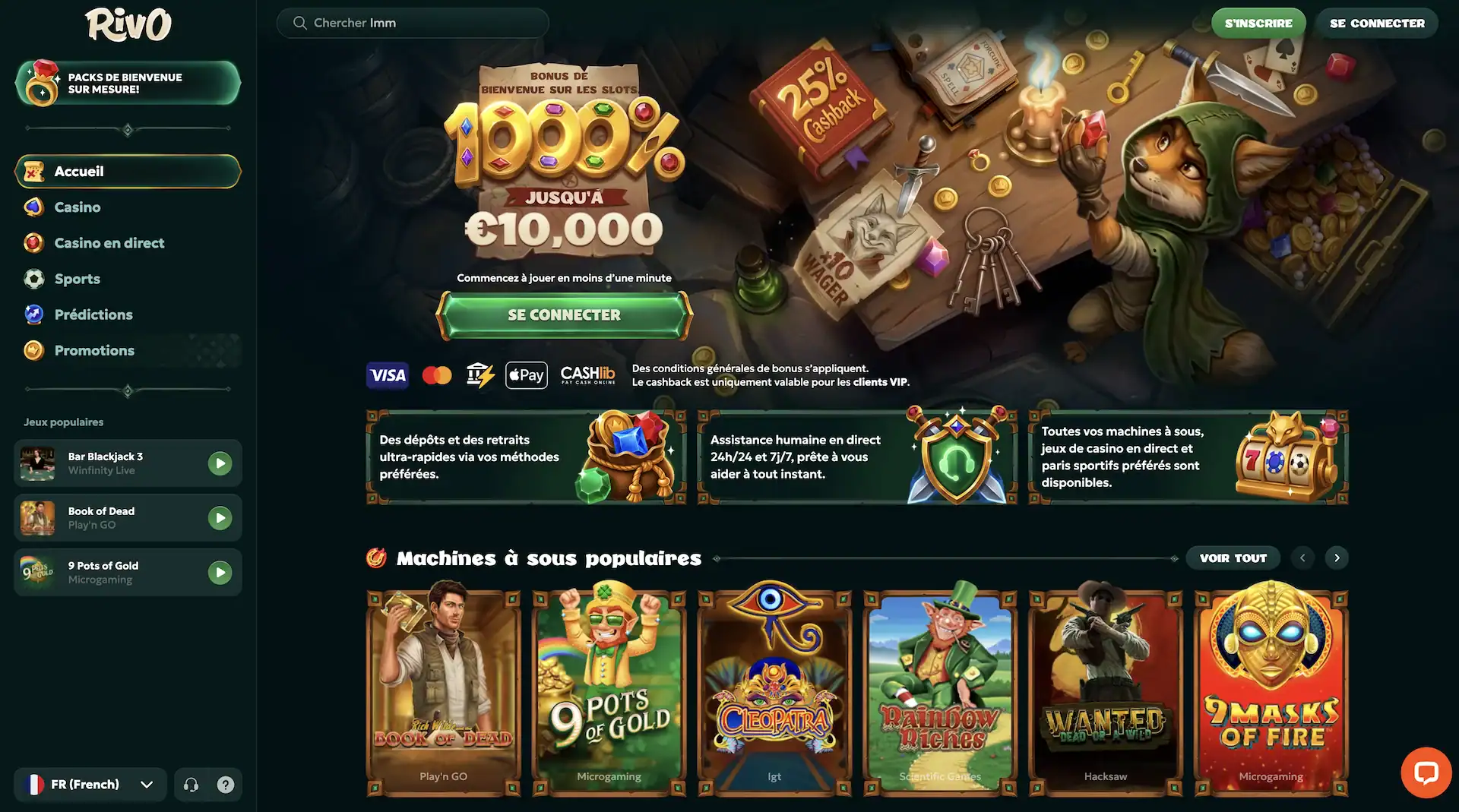 Page d'accueil du casino en ligne Rivo en français avec le bonus de bienvenue sur les machines à sous de 1 000 % jusqu'à 10 000 € et un cashback de 25 %. On y voit le menu de gauche (casino, casino en direct, sports, prédictions), les moyens de paiement acceptés et une sélection de machines à sous populaires comme Book of Dead et 9 Pots of Gold.