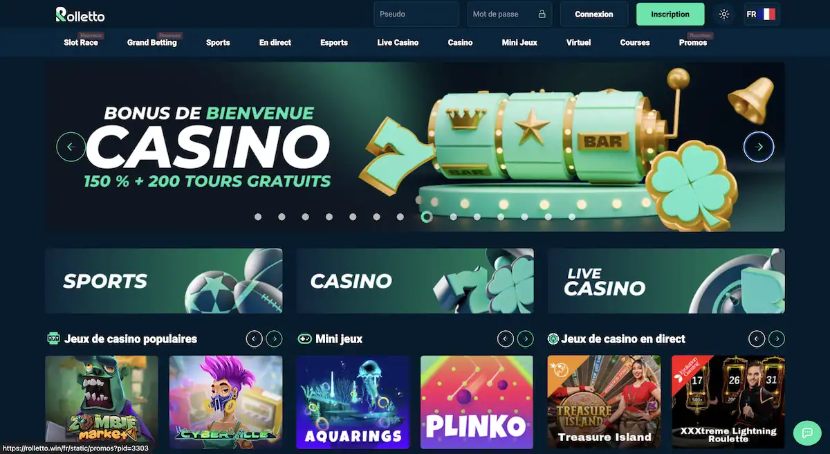 Page d’accueil de Rolletto avec bannière promotionnelle bonus et accès rapide aux jeux