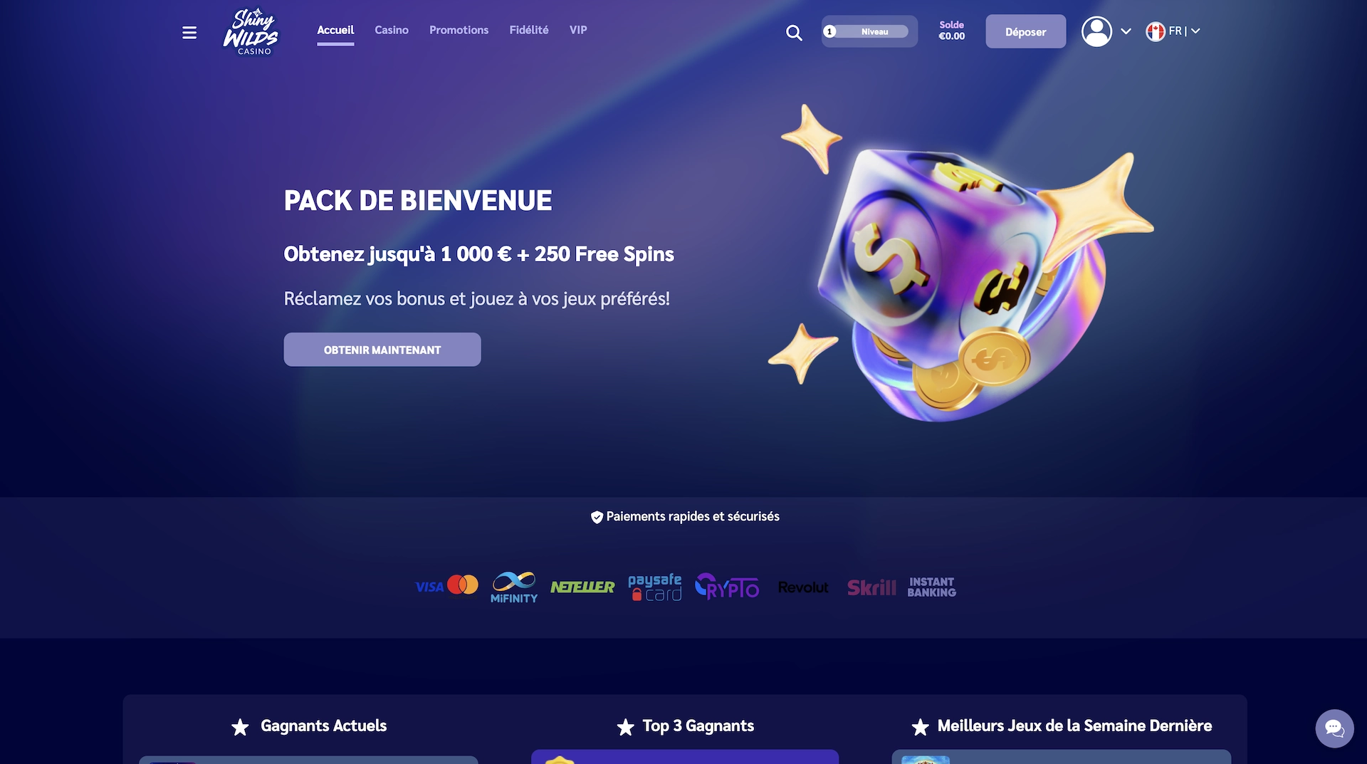 Page d&rsquo;accueil du site Shiny Wilds Casino en fran&ccedil;ais pr&eacute;sentant le pack de bienvenue jusqu&rsquo;&agrave; 1 000 &euro; et 250 tours gratuits, avec les logos de paiement Visa, Mastercard, MiFinity, Neteller, Paysafecard, Crypto, Revolut, Skrill et Instant Banking