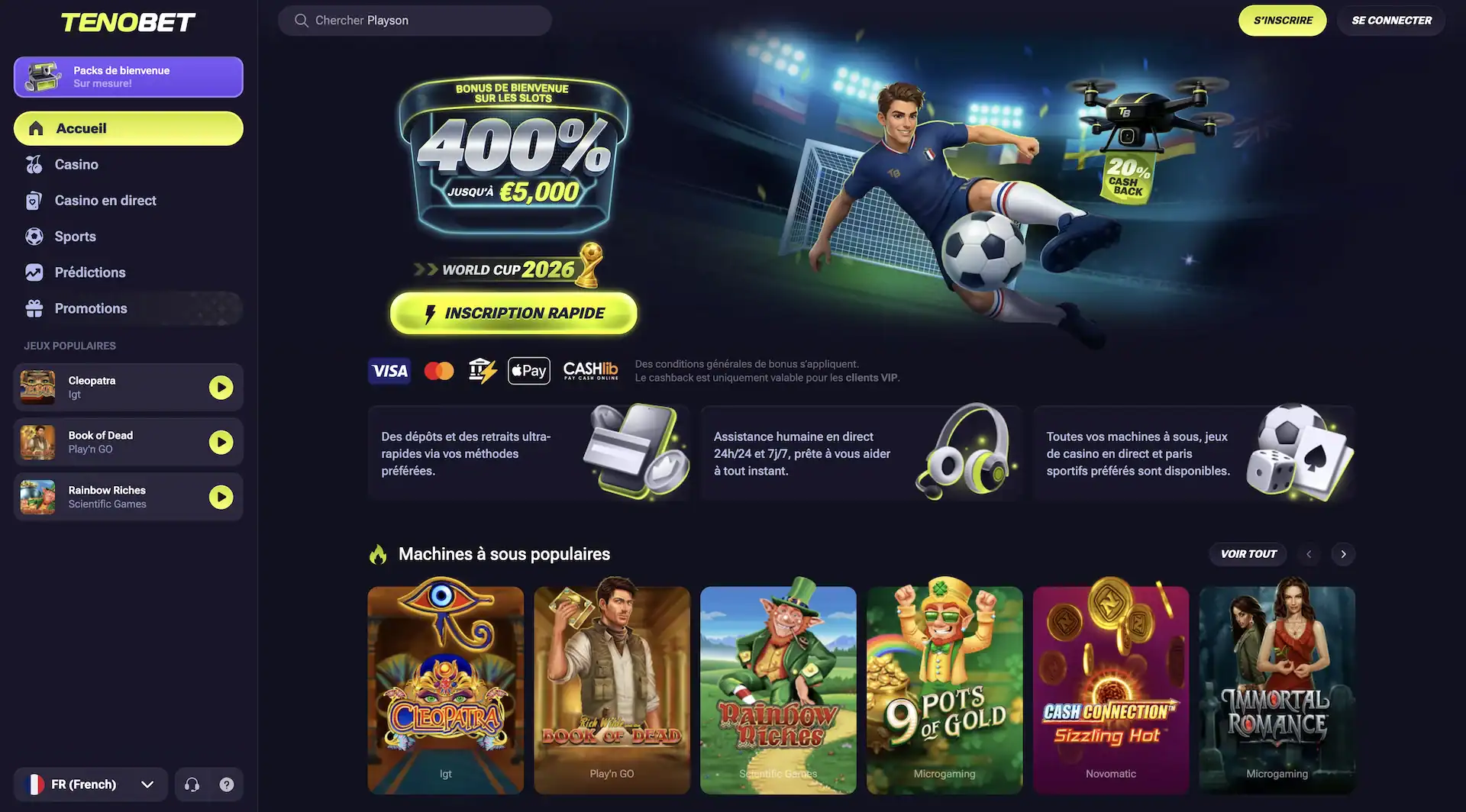 Page d'accueil de Tenobet en français avec le menu latéral Accueil Casino Sports et Prédictions, le bonus de bienvenue de 400 % jusqu'à 5 000 € sur les machines à sous illustré par un footballeur, les logos de paiement Visa Mastercard Apple Pay et Cashlib, et la rangée de machines à sous populaires comme Cleopatra et Book of Dead.