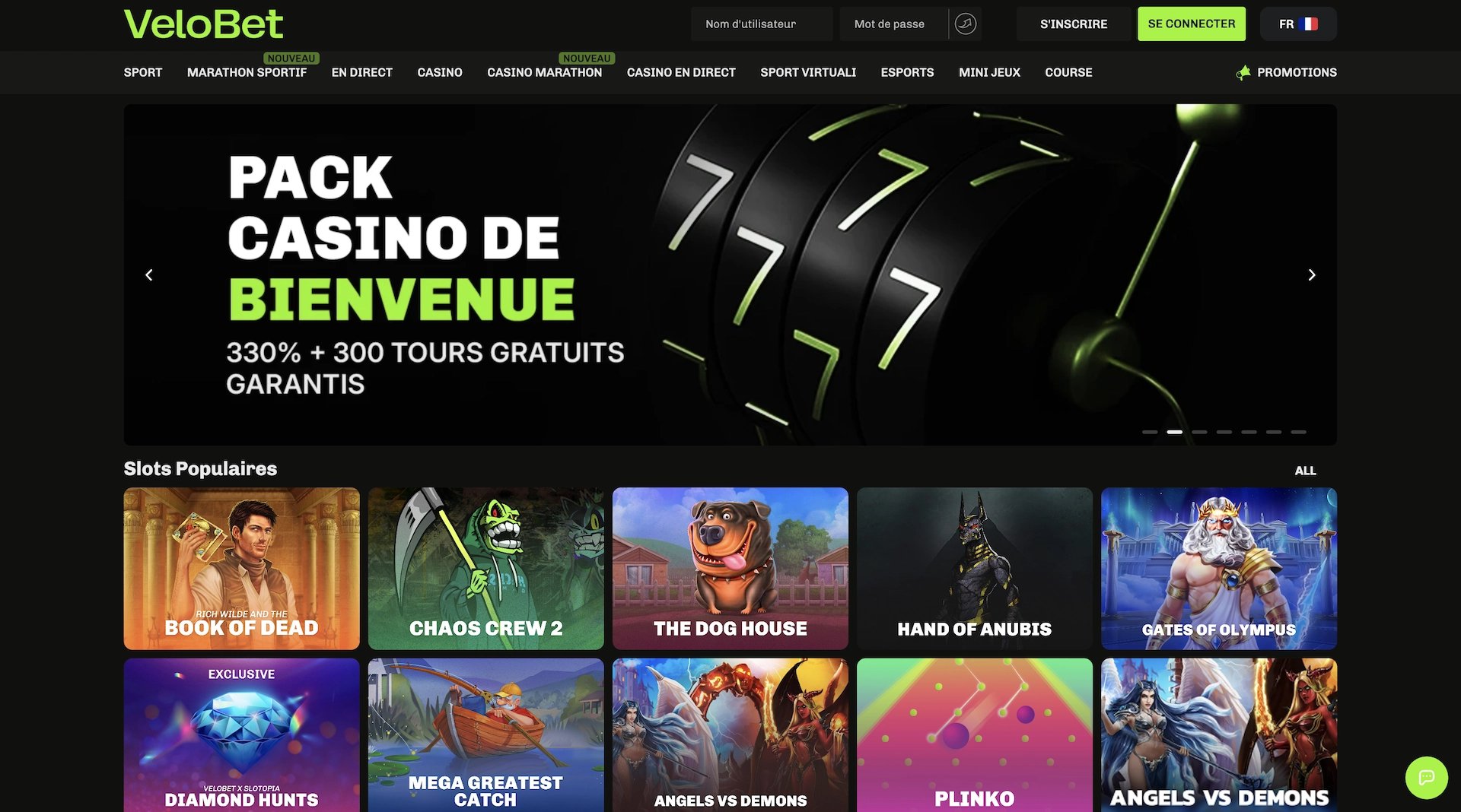 Page d&rsquo;accueil du casino en ligne VeloBet avec le pack de bienvenue 330 % + 300 tours gratuits et aper&ccedil;u des slots populaires comme Book of Dead, Chaos Crew 2 et The Dog House.