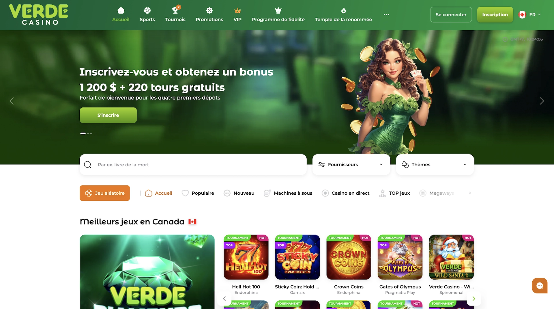 page d'accueil en fran&ccedil;ais du casino en ligne Verde Casino
