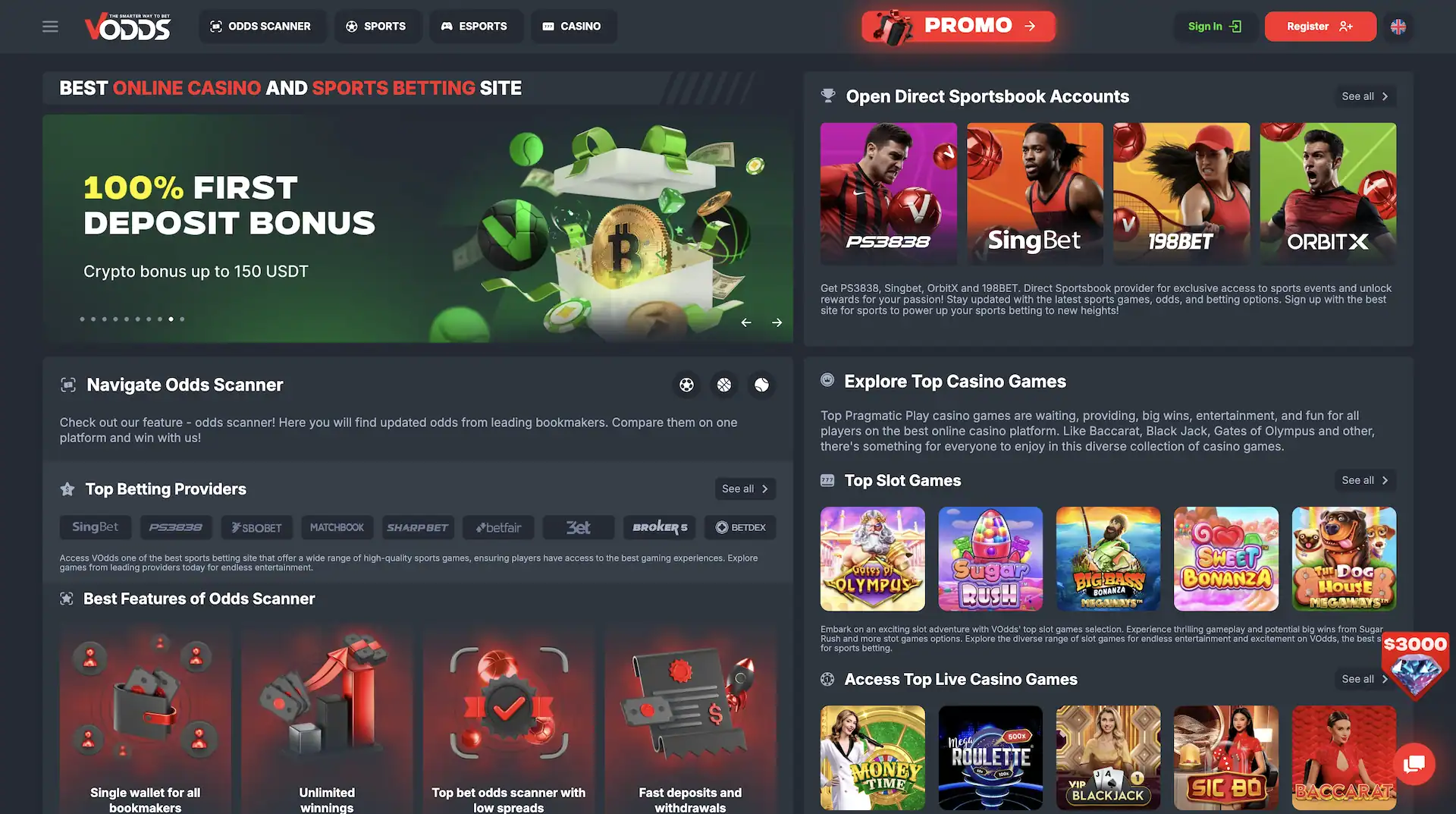 Page d’accueil de VODDS Casino et paris sportifs avec un bonus de premier dépôt à 100 %, un scanner de cotes, des bookmakers partenaires et une sélection de jeux de casino et de machines à sous.
