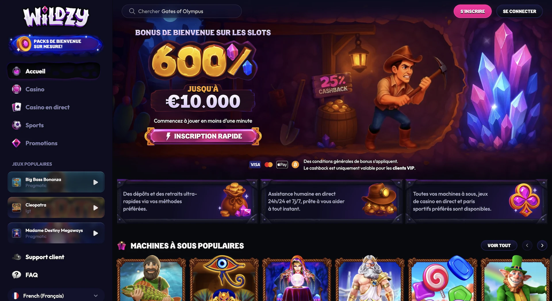 Page d&rsquo;accueil du casino Wildzy avec le bonus de bienvenue 600 % jusqu&rsquo;&agrave; 10 000 &euro; et les machines &agrave; sous populaires