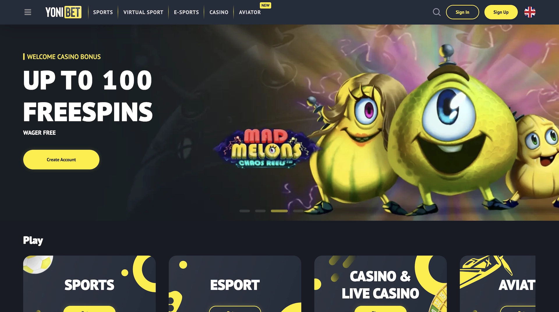 page d'accueil du casino en ligne Yonibet