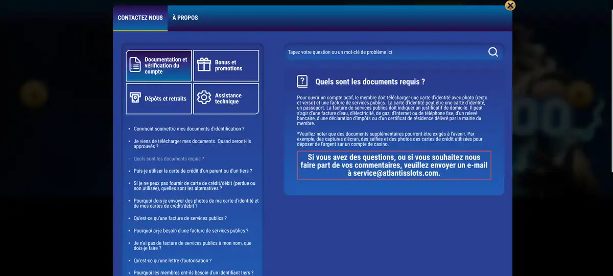 Page de contact du service client d'Atlantis Slots Casino avec les catégories d'aide et l'adresse e-mail pour poser une question.