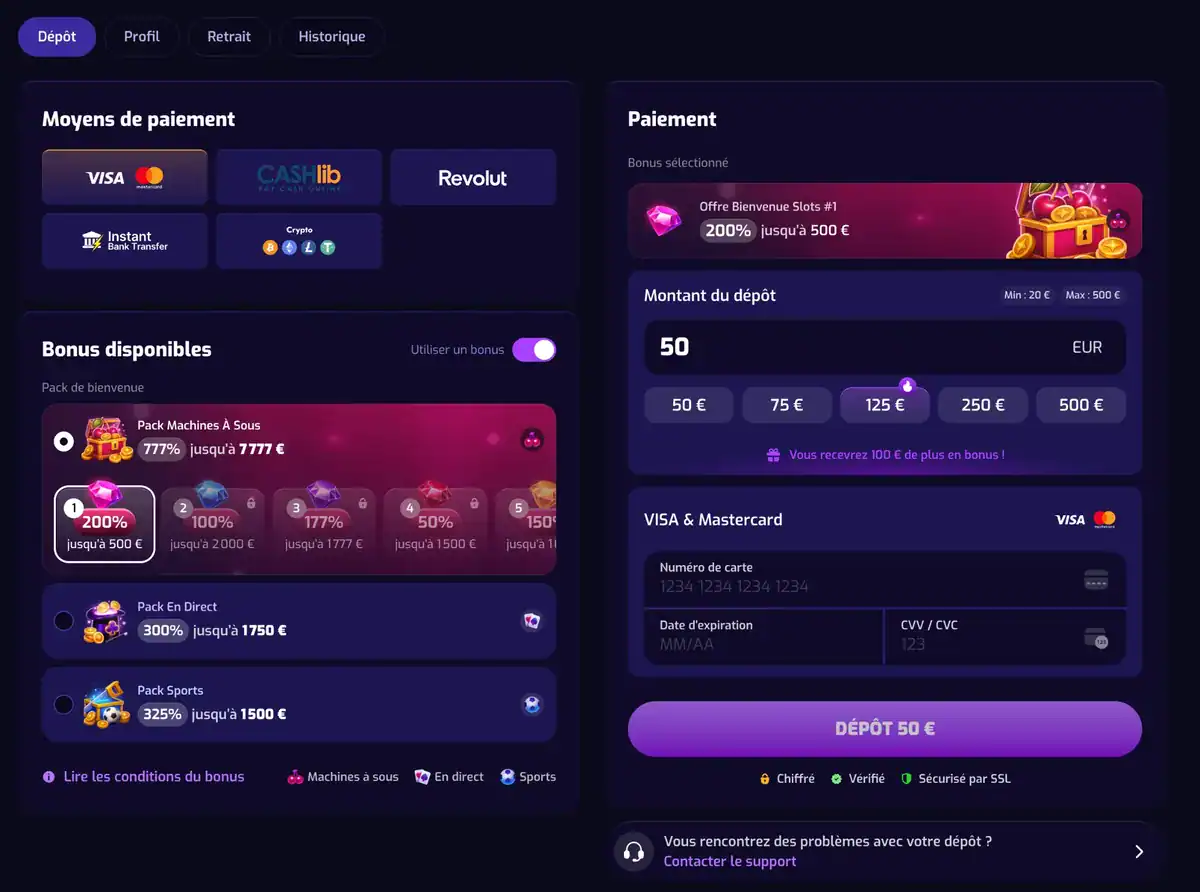 La page de dépôt trixino casino avec ses 5 moyens paiement et le choix du bonus bienvenue.