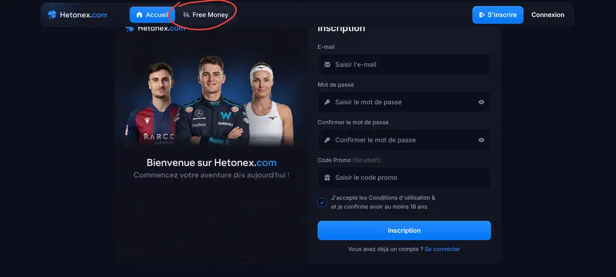 Capture d'écran de la page d'inscription de Hetonex.com, un faux casino web3 qui est une arnaque, avec un formulaire e-mail et mot de passe et un onglet Free Money.