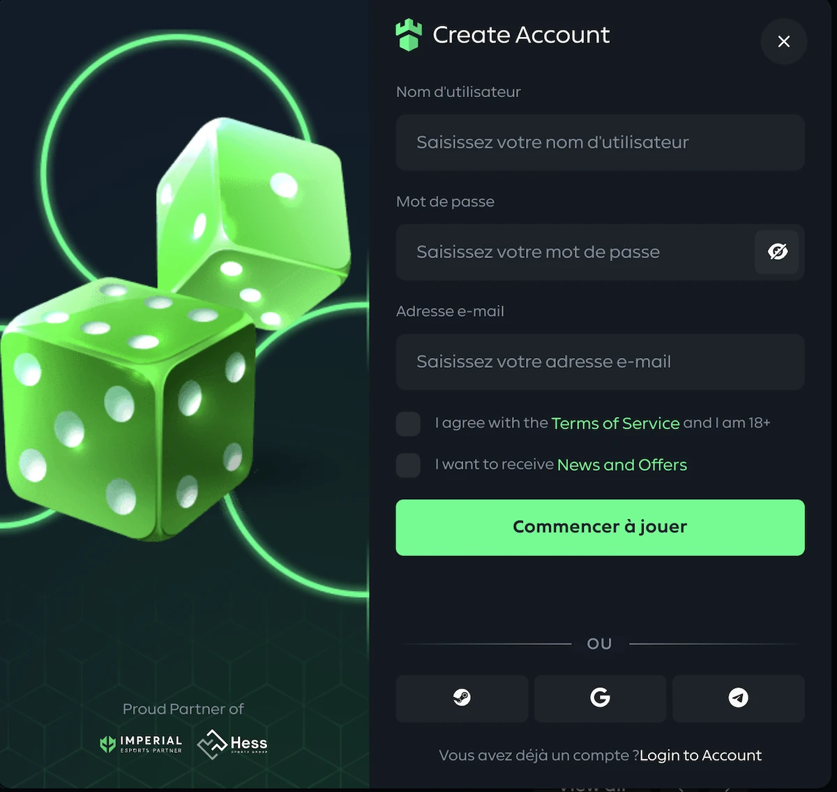 Formulaire d'inscription au casino en ligne Gamdom Casino