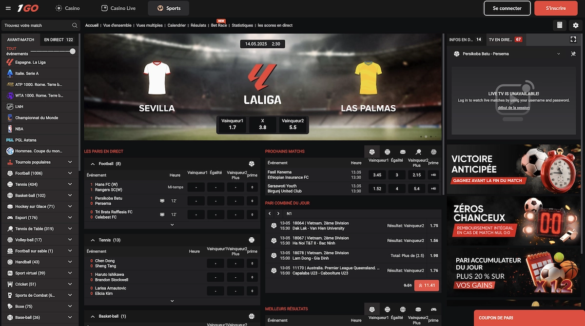 page des paris sportifs sur 1go Casino