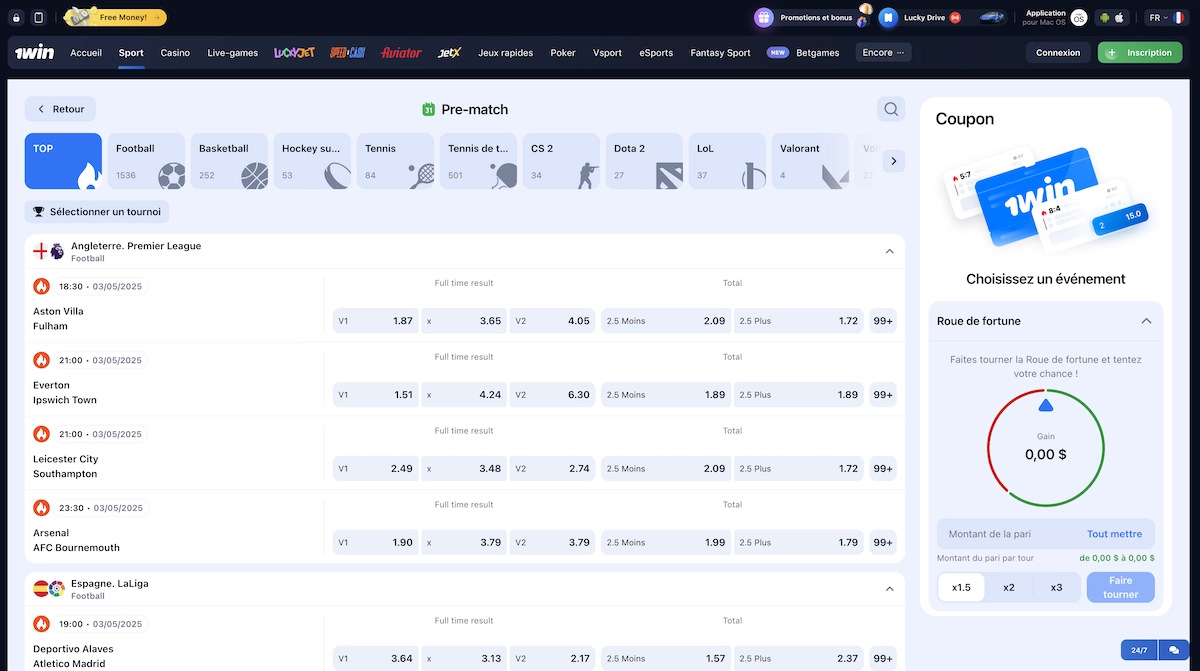 page des paris sportifs sur 1win casino