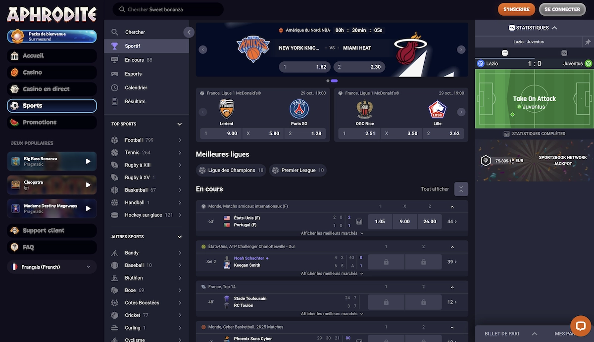 Page “Sports” d’Aphrodite Casino montrant les paris sur le football et les autres sports disponibles.