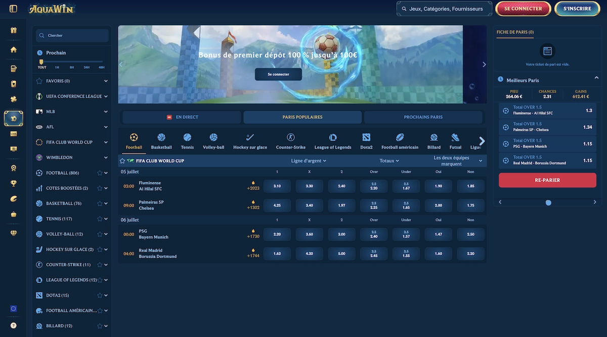 page des paris sportifs sur Aquawin