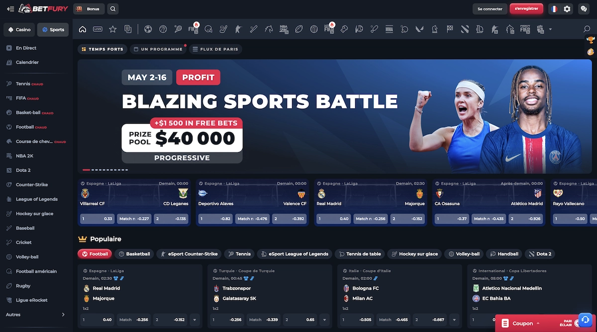page sur les paris sportifs de Betfury avec une promotion appelee Blazing Sports Battle