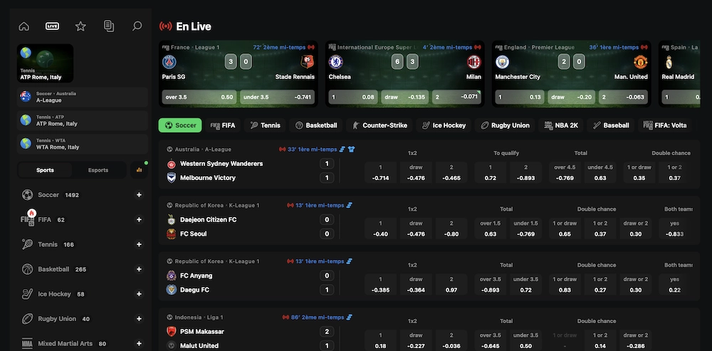 page des paris sportifs sur Betify