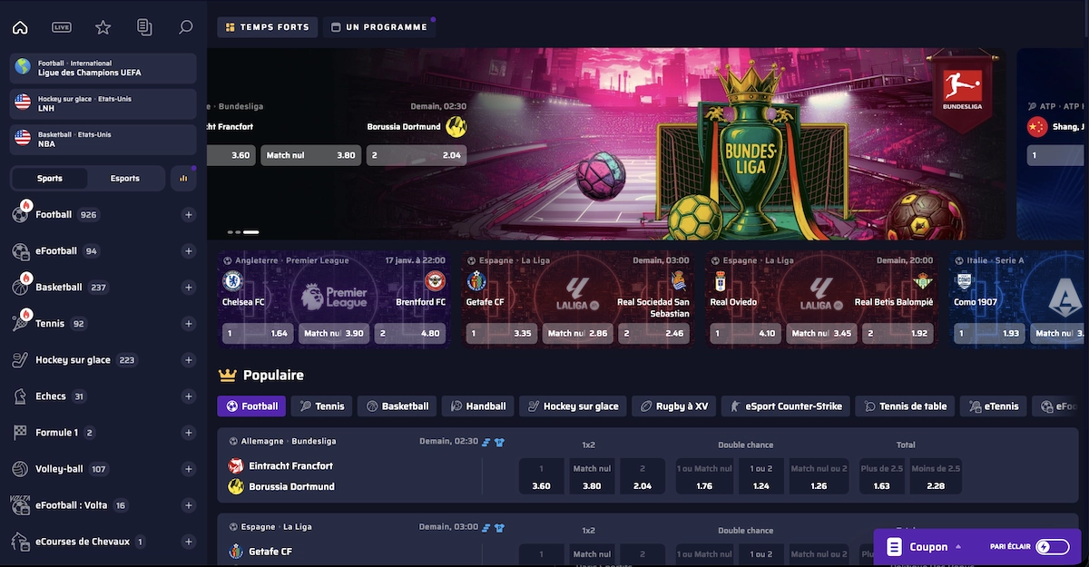 Page des paris sportifs Betory Casino avec cotes de football en direct, comp&eacute;titions majeures, onglet paris live et options de mise visibles