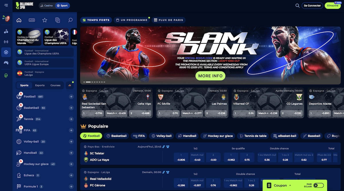 page de paris sportifs sur Billionaire Spin casino