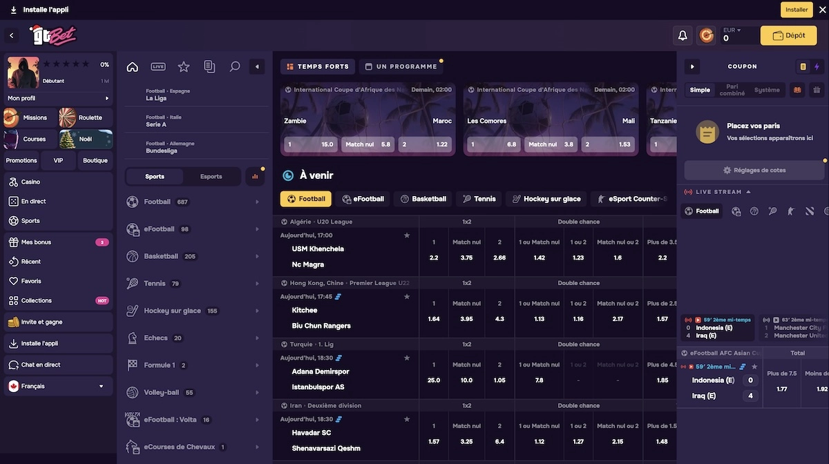 Interface des paris sportifs en ligne du casino, avec la liste des matchs de football, les cotes affichées, les options de paris simples ou combinés et le coupon de pari sur la droite.