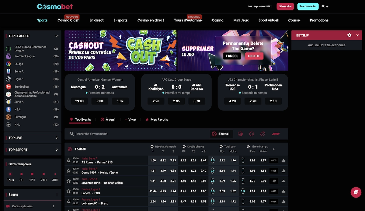 Page des paris sportifs de Cosmobet Casino avec cotes en direct et interface de mise détaillée